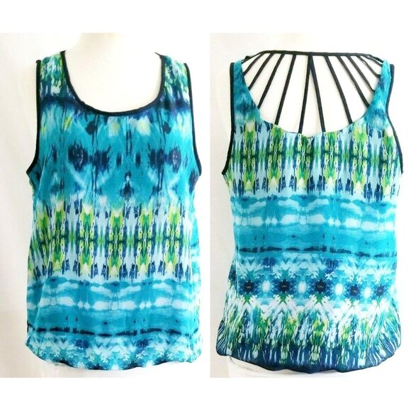 By & By Women’s Blue & Green Print Lattice Back Sleeveless Top Size Medium - Picture 2 of 13